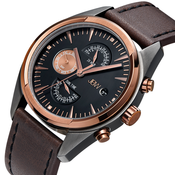 JBW Men's J6300A ''Woodall'' 0.04 ctw Dual Time Zone Brown Leather